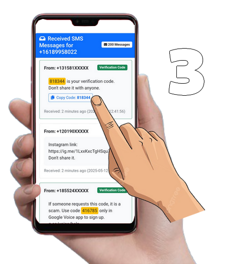 Step 3: Use the number, wait for SMS to appear on the page, and copy the verification code